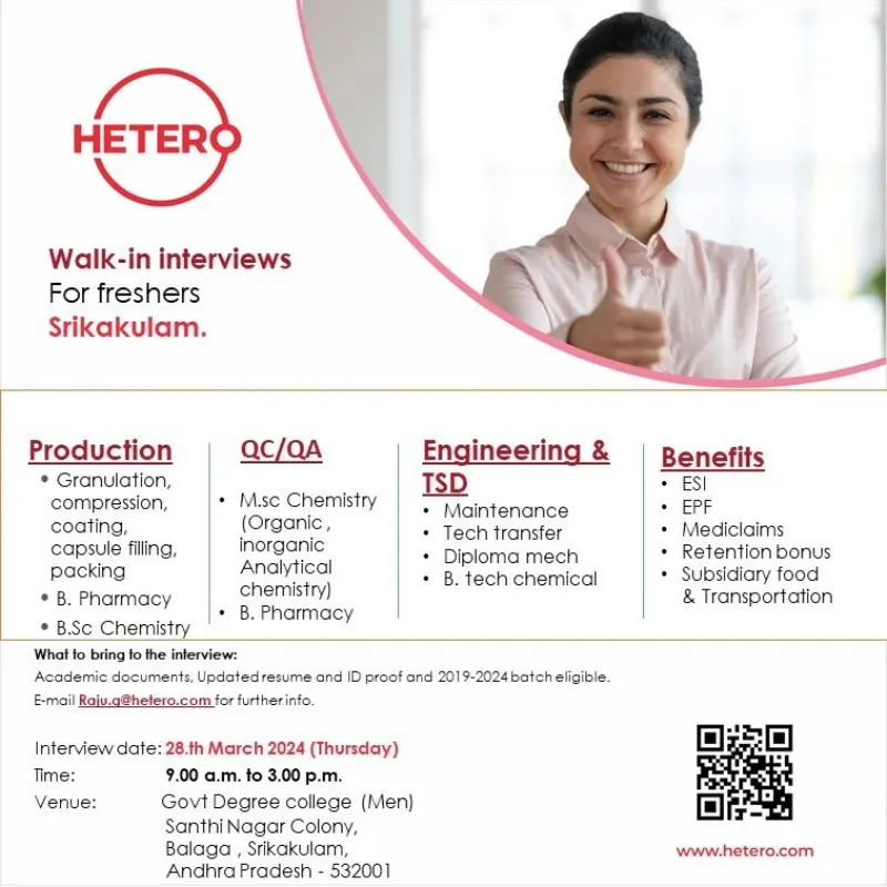 HETERO LABS - Walk-In Interview for Freshers in Production, QC, QA, TSD, Engineering on 28th March 2024
